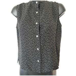 Talbots Petites Sleeveless Button Front Blouse Black Floral Print Size 6P